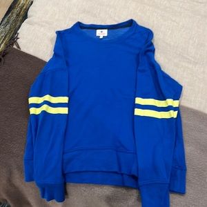 Sundry crew neck sweatshirt in royal blue with yellow stripes at sleeves.